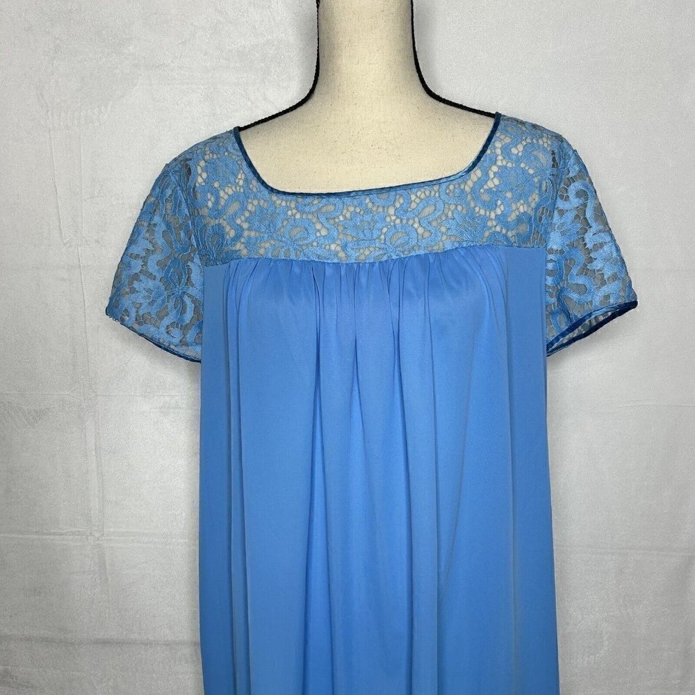 Vanity Fair Vintage Nightgown Blue Silky Nylon Lace Top Gown Sz 38 (M) USA Vtg - Picture 2 of 10